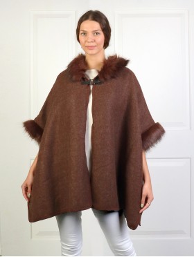 Faux Fur Wool Feeling Hooded Cape W/ Button